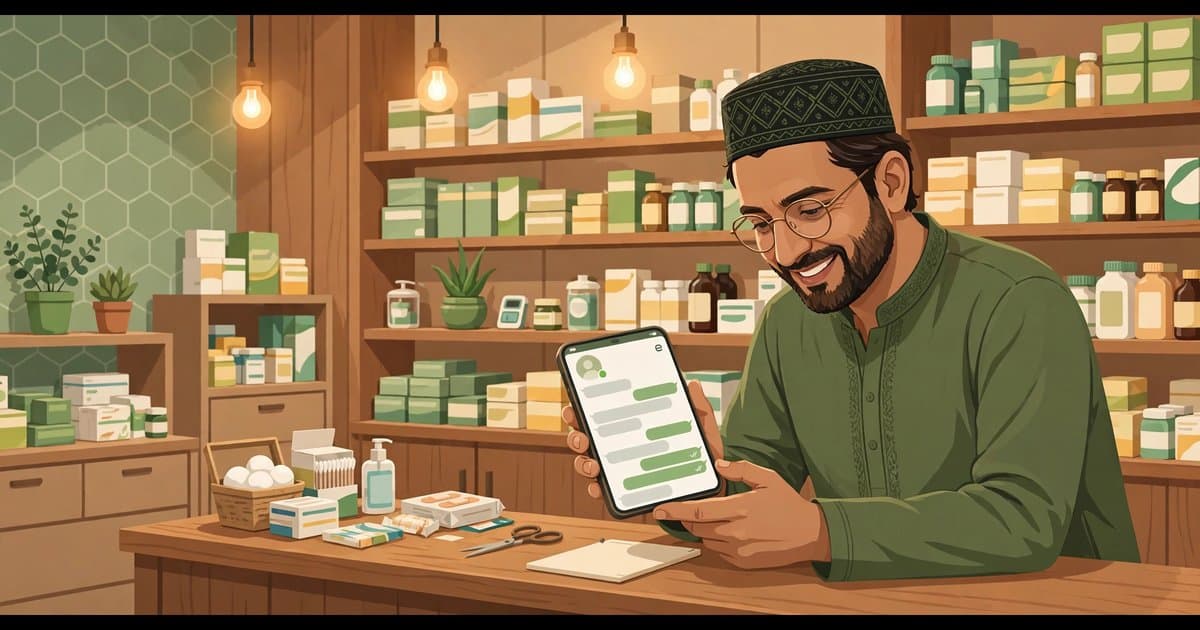 A Pakistani medical store owner confirming a medicine order on WhatsApp with a customer