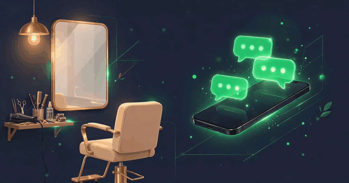Illustration of WhatsApp automation for a salon, showing a salon and chat bubbles
